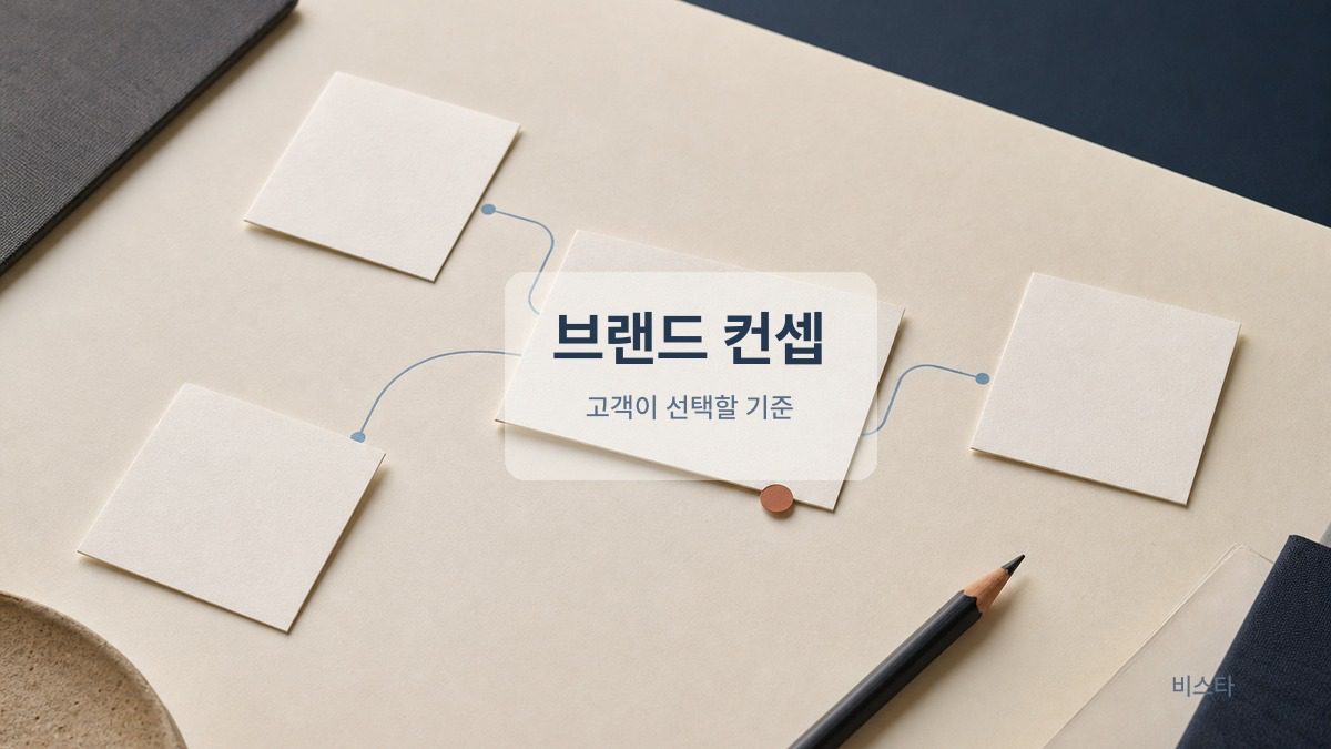 세 장의 기준 카드가 브랜드 컨셉 카드로 모이는 전략 보드 형태의 비스타 대표 이미지