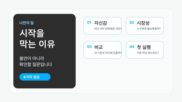 나만의 일을 시작하지 못하는 네 가지 이유를 자신감, 시장성, 비교, 첫 실행 카드로 정리한 비스타 대표 이미지