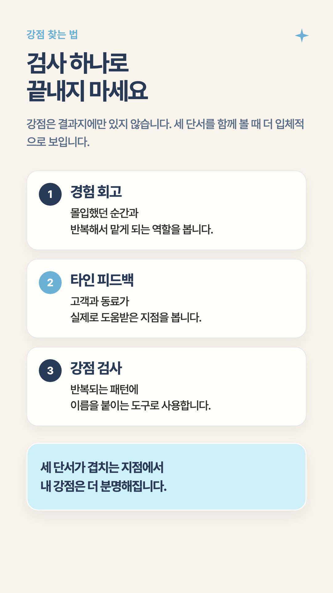 경험 회고 타인 피드백 강점 검사를 함께 보며 강점을 찾는 방법을 설명한 세로형 이미지