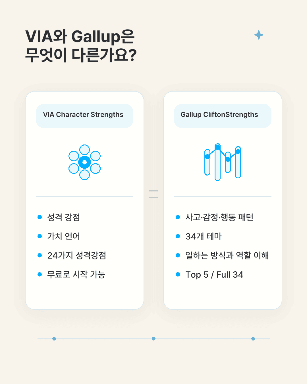 VIA Character Strengths와 Gallup CliftonStrengths의 질문, 결과 언어, 비용과 활용 목적을 비교한 이미지