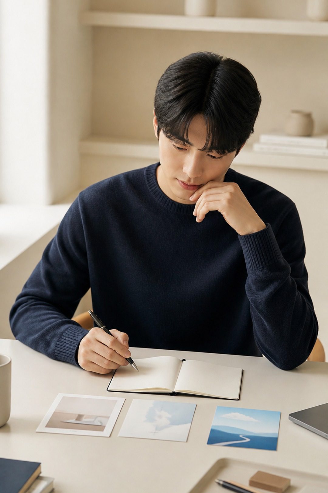 청년이 노트에 적으며 작은 카드들을 보며 실제 일의 세계를 탐색하는 장면