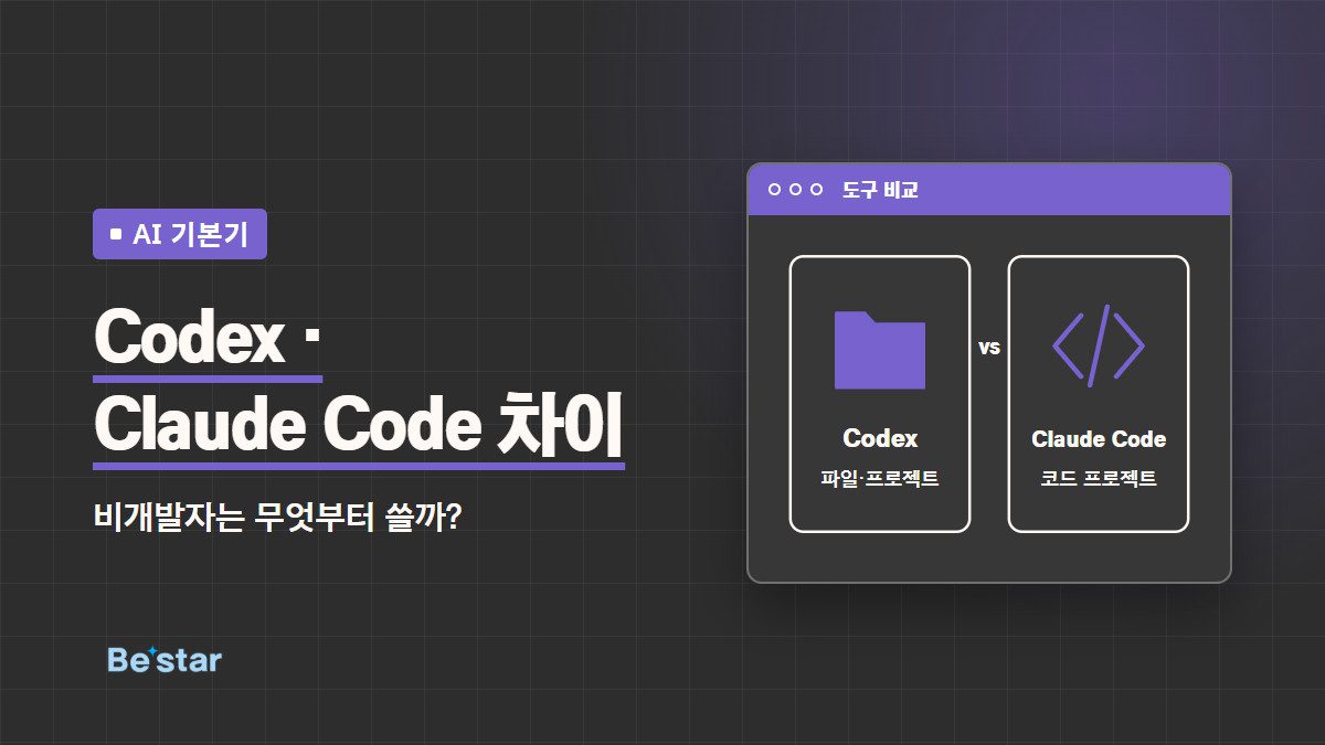 ‘Codex · Claude Code 차이 – 비개발자는 무엇부터 쓸까?’ 문구와 두 도구를 나란히 비교한 그림