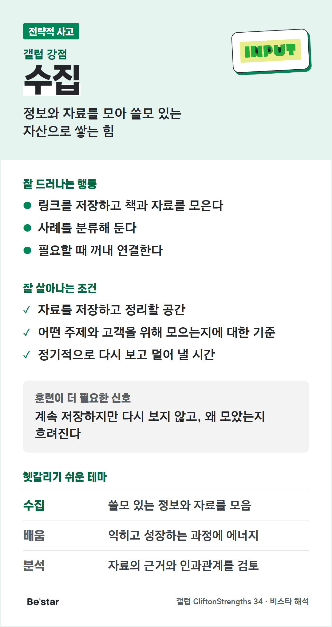 수집 강점 한눈에 보기(전략적 사고). 정보와 자료를 모아 쓸모 있는 자산으로 쌓는 힘. 잘 드러나는 행동: 링크를 저장하고 책과 자료를 모은다, 사례를 분류해 둔다, 필요할 때 꺼내 연결한다. 잘 살아나는 조건: 자료를 저장하고 정리할 공간, 어떤 주제와 고객을 위해 모으는지에 대한 기준, 정기적으로 다시 보고 덜어 낼 시간. 훈련이 더 필요한 신호: 계속 저장하지만 다시 보지 않고, 왜 모았는지 흐려진다. 헷갈리기 쉬운 테마: 배움은 익히고 성장하는 과정에 에너지, 분석은 자료의 근거와 인과관계를 검토.